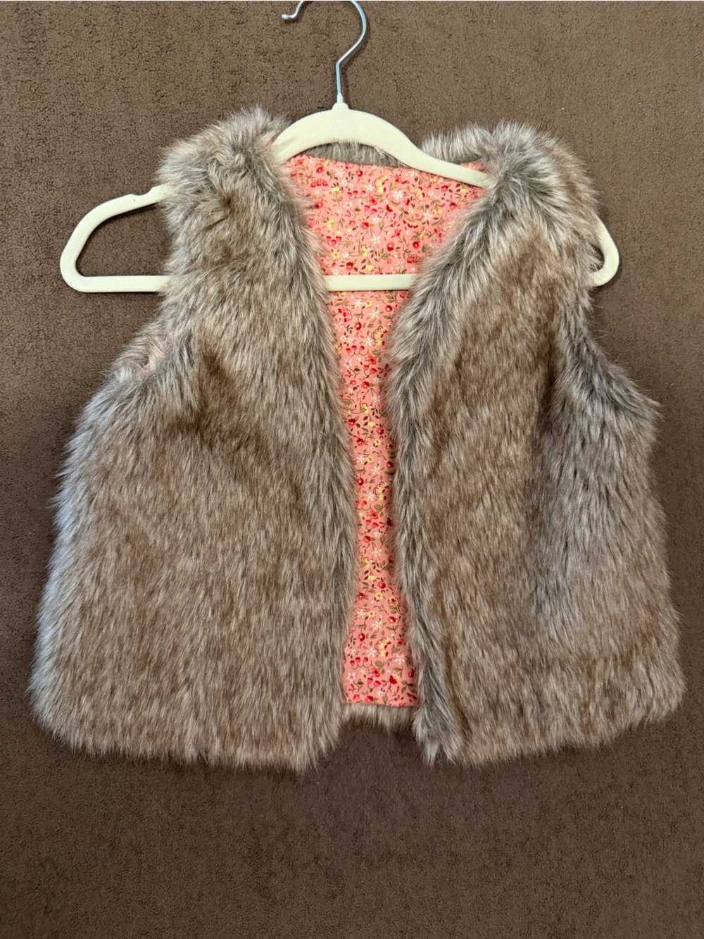 U.S. Polo Assn. Girls Faux Fur Vest - Brown with Pink Floral Lining